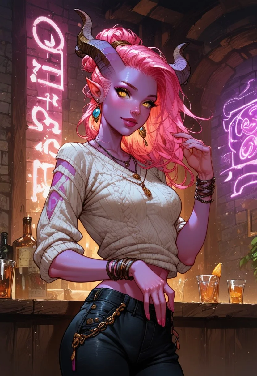 score_9, score_8_up, score_7_up, score_6_up, score_5_up, masterpiece, perfect face, perfect hands,perfect eyes, high quality, (EyesHD:0,5), color theory,
,solo,
Sinewy build, 1 demon girl, tiefling,female, yellow eyes,  horns, ,lilac pink purple skin colour, wild hair,
Oversized sweater, pants, wrist watches, 
 ,tribal jewlery,
leather straps,
,hip bend,
Dynamic pose, , hip angle, 
BREAK 
background,
oppulent, innside, high detail,neon lights, ,indoors,bar \(place\)
 ais-rmr,easynegative,