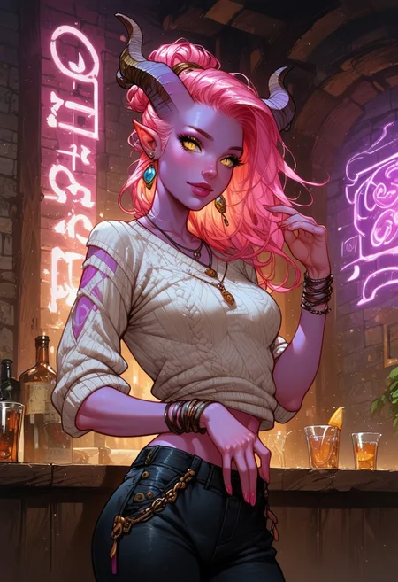 score_9, score_8_up, score_7_up, score_6_up, score_5_up, masterpiece, perfect face, perfect hands,perfect eyes, high quality, (EyesHD:0,5), color theory,
,solo,
Sinewy build, 1 demon girl, tiefling,female, yellow eyes, horns, ,lilac pink purple skin colour, wild hair,
Oversized sweater, pants, wrist watches,
,tribal jewlery,
leather straps,
,hip bend,
Dynamic pose, , hip angle,
BREAK
background,
oppulent, innside, high detail,neon lights, ,indoors,bar \(place\)
ais-rmr,easynegative,