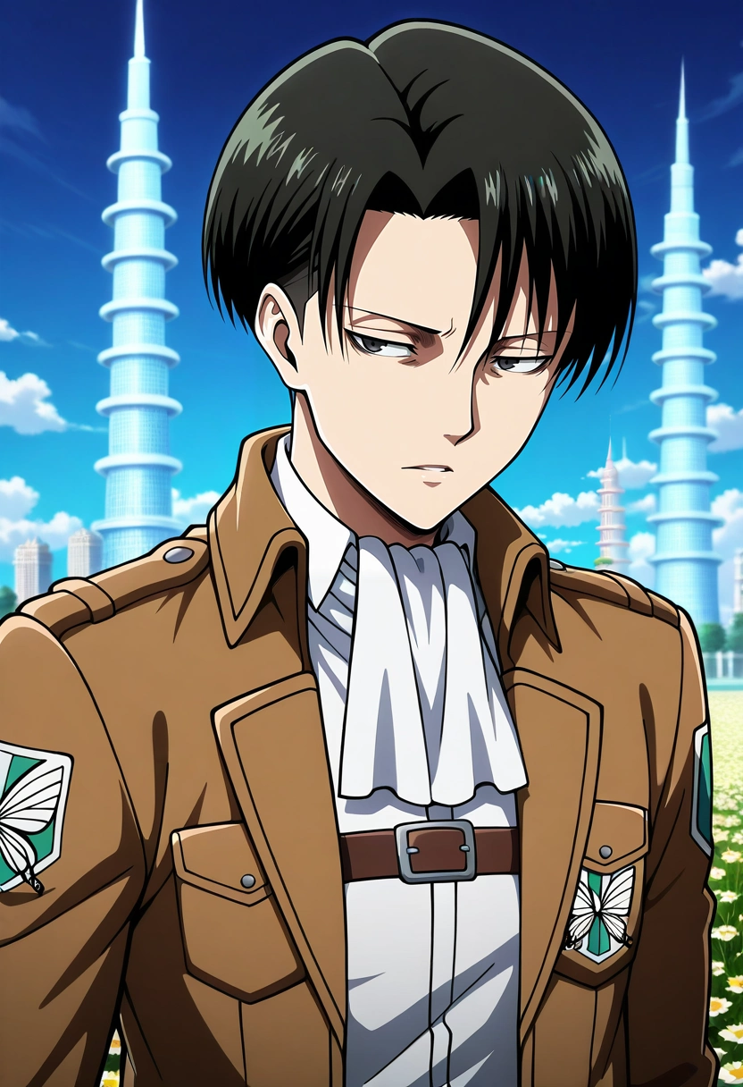 masterpiece, best quality, intricate details, anime screencap, anime coloring, official style, , , 1boy, solo, male focus, <lora:levi_ackerman_ilxl:0.9>, levi_ackerman, black hair, black eyes, short hair, curtained hair, paradis military uniform, ascot, , fairy palace, flower towers, light halls, butterfly gardens, royal pose, dignified expression, magical lighting, ,