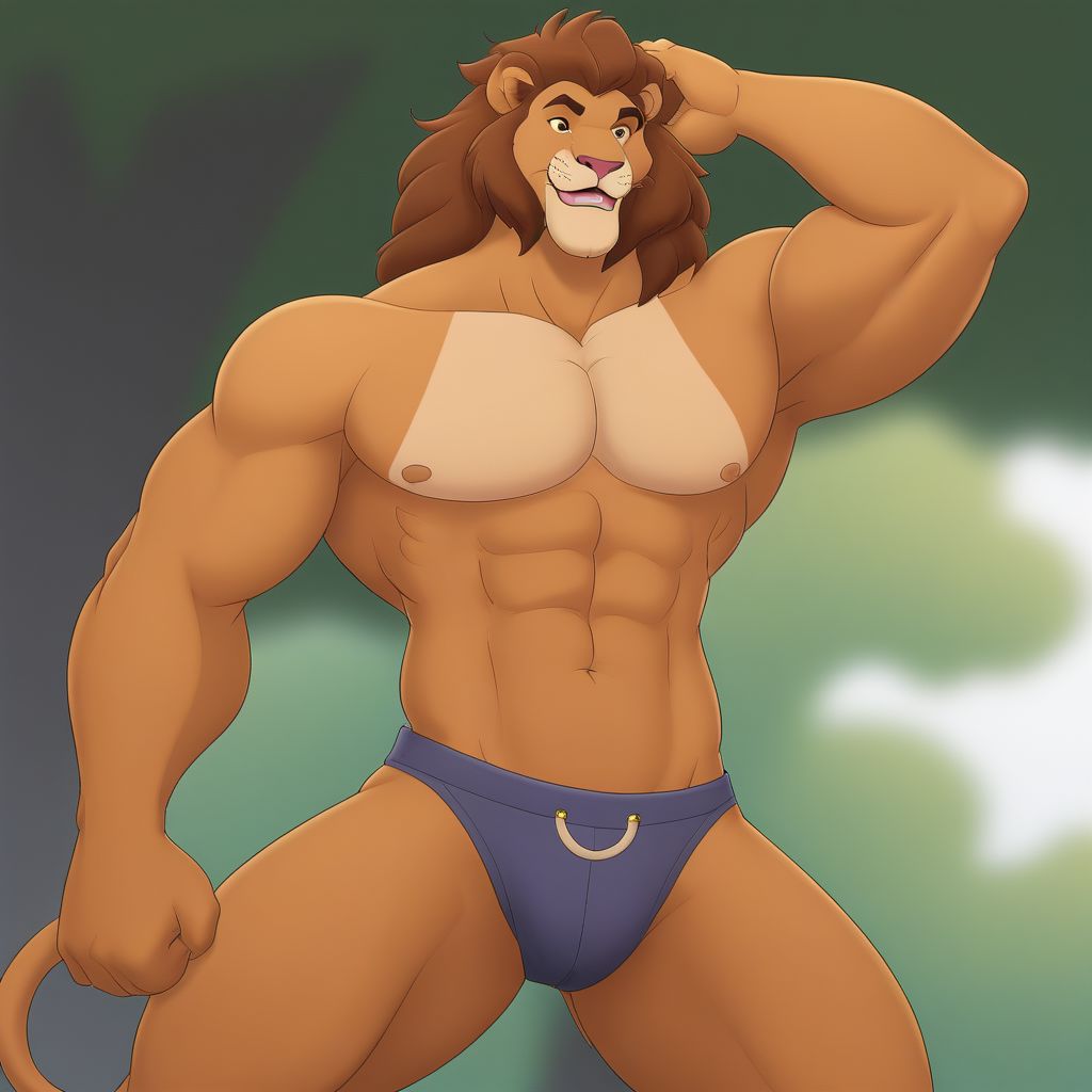 solo, long hair, smile, 1boy, navel, animal ears, nipples, tail, full body, male focus, thighs, nude, lying, penis, armpits, stomach, pubic hair, completely nude, uncensored, muscular, facial hair, thick thighs, erection, abs, testicles, pectorals, muscular male, male pubic hair, bara, furry, large pectorals, furry male, lion ears, seductive smile, chest hair, navel hair, lion tail, lion boy, standing, outside