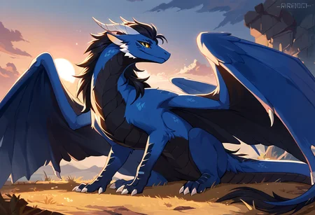 score_9, score_8_up, score_8, dragon,furred dragon,blue fur,black mane,feral dragon,solo,female,
ruin city,sunset,yellow eyes,sitting,wings,
