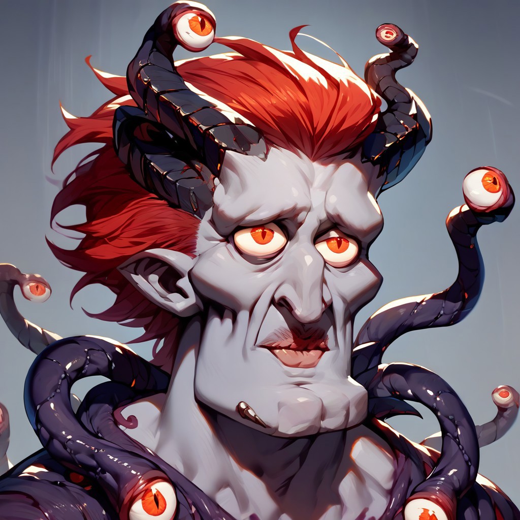 score_9, score_8_up, score_7_up, <lora:Beholdetentacles:1> 1 boy, demon boy, demon, grey skin, red hair, evil, villain, grin,  beholdertentacles, eyed Tentacles, tentacles with eyes,handsomize