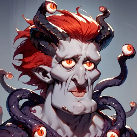 score_9, score_8_up, score_7_up, <lora:Beholdetentacles:1> 1 boy, demon boy, demon, grey skin, red hair, evil, villain, grin,  beholdertentacles, eyed Tentacles, tentacles with eyes,handsomize