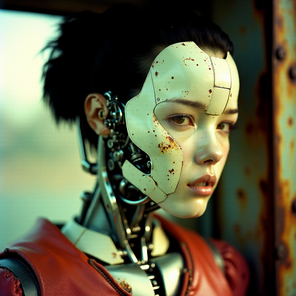 [geisha:cyborg:3], many mechanical details,seams, scuffing, rust,\n(style by Yuri Shwedoff),shallow depth of field, vignette, (Fujicolor Superia X-TRA 400)