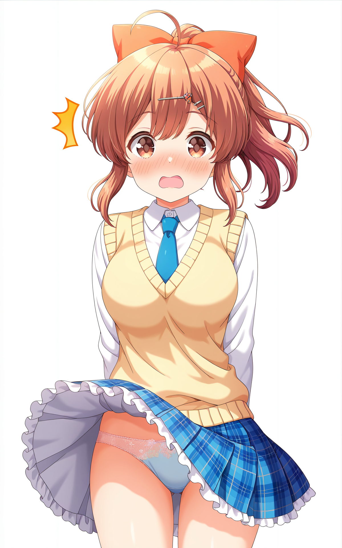 masterpiece, best quality, good quality, newest,4k, perfect lighting, cinematic, very aesthetic, official art, anime screencap, anime coloring,(((white background, simple background))),
1girl,solo,sakurai akane,brown hair, long hair,ponytail,ahoge,bangs,shiny hair,hairclip, hair ornament,red hair bow,brown eyes,
seio school uniform,yellow sweater vest,blue necktie,white shirt,collared shirt,blue skirt,plaid skirt,pleated skirt,frilled skirt,miniskirt,panties,thighs,
embarrassed,blush,surprised,open mouth,stranding,skirt lift,wind lift,arms behind back,facing viewer,from front,BREAK
<lora:ILakane:1>