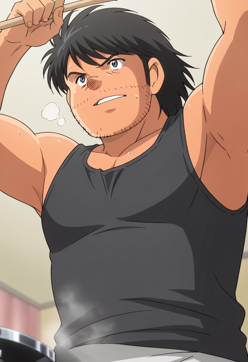 score_9, score_8_up, score_7_up, source_anime, rating_safe, arms up, holding drumsticks, solo, (( <lora:kira_kozo:1> , kira_kozo, piercing dark grey eyes, clear eyes, friendly eyes, wrinkle under eyes, short chubby body, slightly chubby face, fat but strong male, disgusting hairy male, round alcoholic nose, very lightly tanned skin, messy short black hair, messy short bangs, short stubble beard, creepy male, uncharismatic male, )) , 1man, male focus, anime screencap, plain tank top, sweating, parted lips, heavy breathing, hands with five fingers, blurry indoor studio, drumset, from below, cute-sweet wallpaper, steam