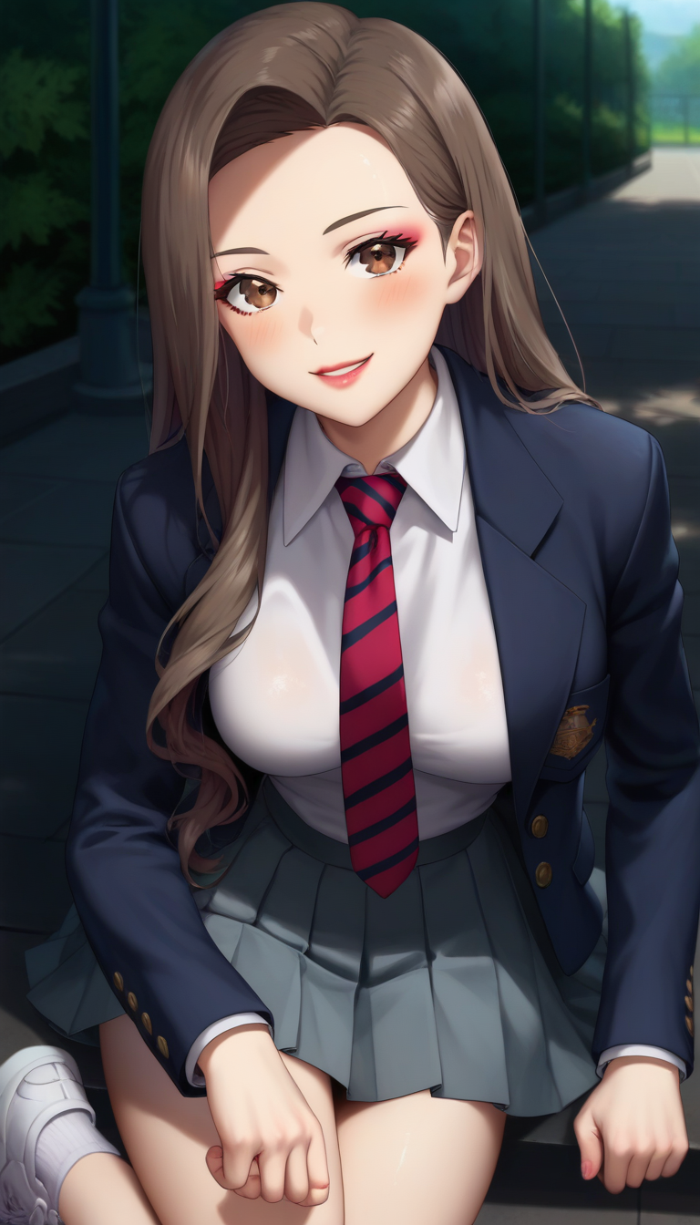 score_9,score_8_up,score_7_up,score_6_up BREAK official art,solo,outdoors,upper body,(portrait:1.5),looking at viewer,facing viewer,smile,blush,Jugyeong Lim,long hair,brown hair,forehead,makeup,eyelashes,brown eyes,lips,lipstick,close mouth,school uniform,blue jacket,blazer,open jacket,white shirt,collared shirt,red necktie,striped necktie,long sleeves,medium breasts,skindentation,shirt tucked in,miniskirt,grey skirt,pleated skirt,white socks,sneakers,white footwear,<lora:Jugyeong Lim(tb)-Pony:1.4>,