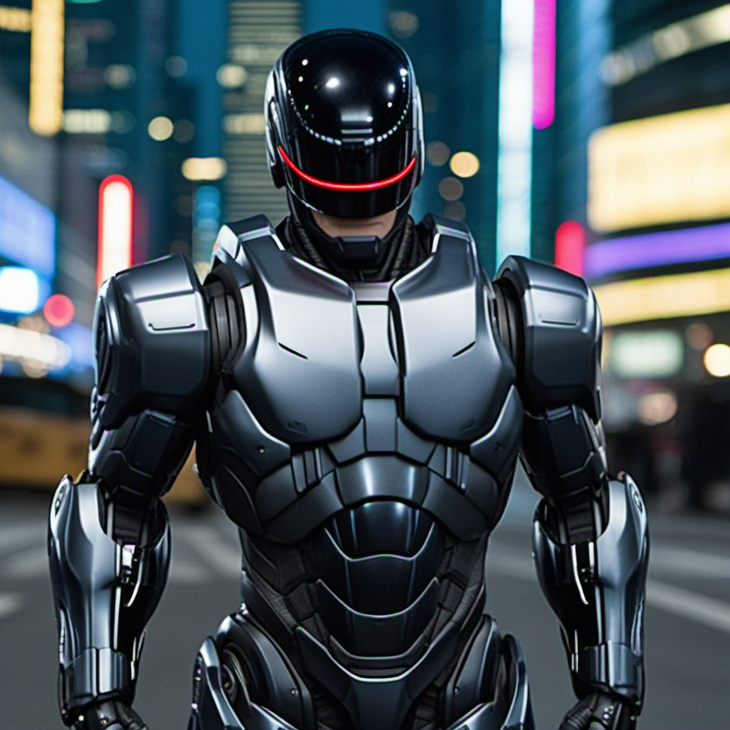 Robocop2014, a black armored robot, full body, cyberpunk city background, highly detailed,  photography, ultra sharp, film, professional, 64k <lora:add-detail-xl:1.5>  <lora:Robocop2014-1024-000325:0.6>