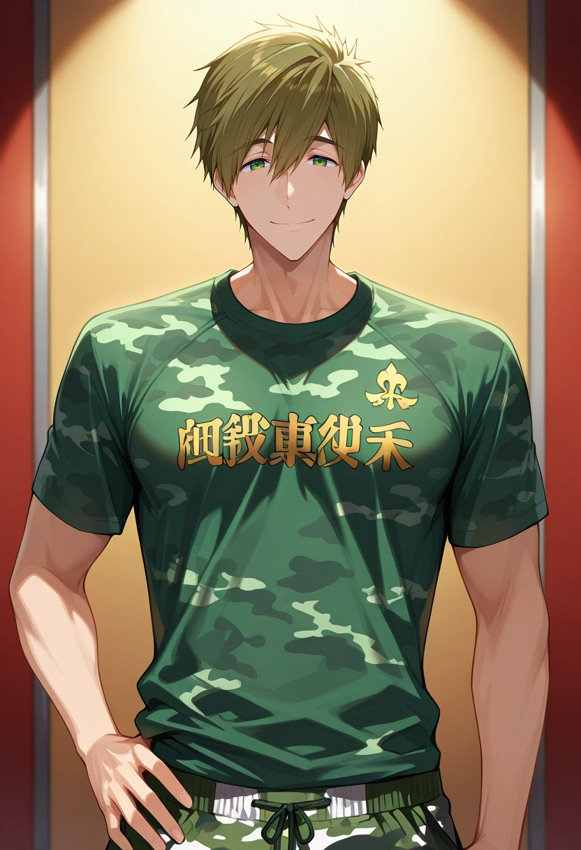 masterpiece, best quality, intricate details, , , 1boy, solo, male focus, <lora:makoto_tachibana_ilxl:1>, makoto_tachibana, brown hair, green eyes, hair between eyes, tachibana makoto, upper body, great wall of china, light, hand on hip, naughty smile, Jersey Camo joggers, Marigold Fleur-de-lis Terry cloth Graphic T-shirt, Cap-toe shoes, Mohawk,