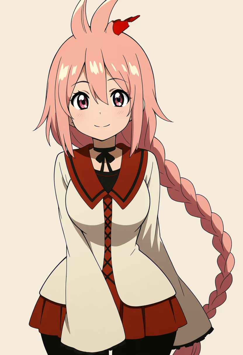 masterpiece, best quality, solo, curvy, beautiful eyes, narrow waist, wide hips, 1girl, solo, smile, looking at viewer, zzKaede, pink eyes, hair between eyes, ahoge, antenna hair, long hair, pink hair, single braid, school uniform, choker, sleeves past wrists, red skirt, black pantyhose, ,<lora:KaedeByKurumiErika_IXL:1.0>, dynamic pose, cowboy shot, smile, looking at viewer, shiny skin,