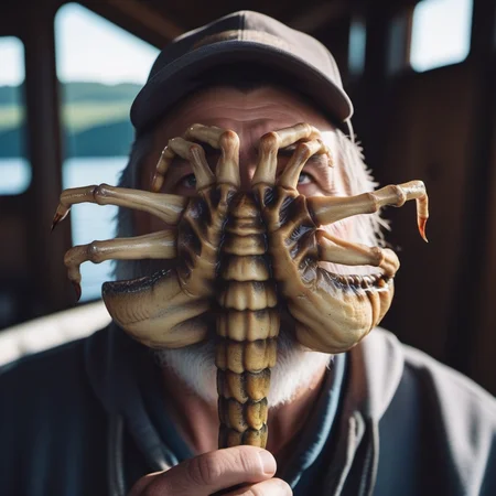 cinematic photo a creepy creature on a fisherman's face, boat <lora:Facehugger1024:0.8> . 35mm photograph, film, bokeh, professional, 4k, highly detailed