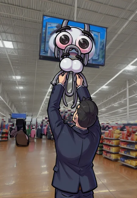 masterpiece, best quality, amazing quality, showing_baby_to_a_supermarket_camera_(meme), screen, television, lifting person, 1boy, 1other, cl1ppy, pokemon (creature), looking up, 