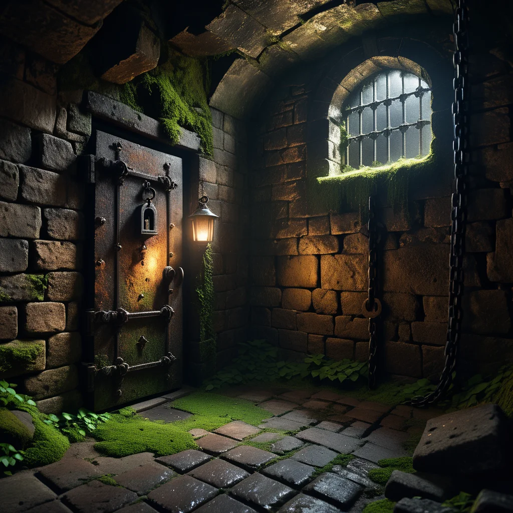 A dark and grim medieval castle dungeon, designed for imprisoning captives. The walls are made of aged, damp stone bricks, cracked and worn with time, with patches of moss and moisture seeping through. The small, claustrophobic space is lit by a single flickering torch mounted on the wall, casting long, eerie shadows across the room. Rusted iron bars form a heavy prison door with a corroded lock and hinges, partially ajar or firmly shut. The floor is rough, uneven stone, covered in dirt and faint stains, hinting at years of suffering. Chains hang loosely from rusted hooks embedded in the walls, their metal corroded and worn. In one corner, a small, grated window lets in a thin sliver of cold, pale light, emphasizing the dungeon's oppressive and hopeless atmosphere. The air feels damp, stale, and heavy with silence, evoking a chilling sense of isolation and despair.
<lora:SDXLFaeTastic2400:0.4> <lora:extremely_detailed:0.4> extremely detailed, Masterpiece,best quality,hi res,8k,hi res,8k,award winning,(sharp focus, intricate, highly detailed),