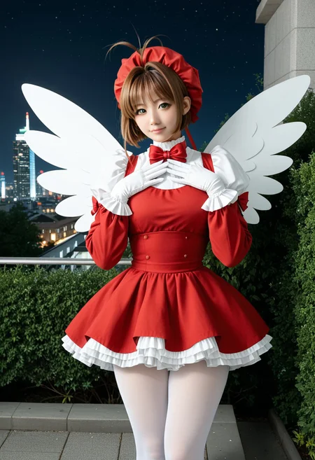 score_9, score_8, score_7, a high detail RAW color professional photo of a 18yo beautiful stunning plump woman posing for a picture, Kinomoto_Sakura, green_eyes, brown_hair, short_hair, antenna_hair, hair_intakes, perfect anatomy wide hips, narrow waist, broad shoulders, muscular and voluptuous body, magical_girl, white_gloves, red_dress, puffy_sleeves, red_bow, white_pantyhose, frills, red_headwear, white_wings, pose, outdoors, cityscape, night, soft lighting, 8k, perfect lighting, cinematic lighting, highly detailed eyes, highly detailed pupils, highly detailed face, highly detailed skin texture, highly detailed facial features, highly detailed hair texture, highly detailed body, highly detailed hands and fingers, highly detailed nails, highly detailed background, cowboy shot, looking at the viewer, f/2.8, 50mm focal length, ISO 200, photographed on a Canon EOS 90D Camera