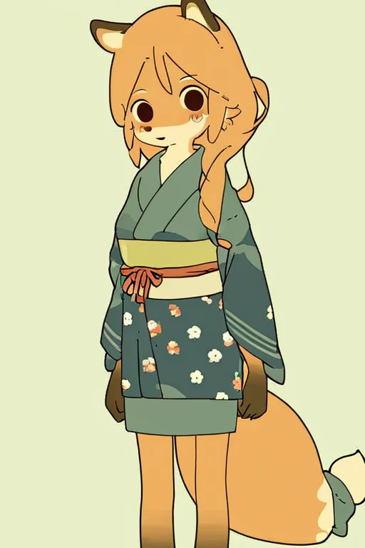 furry,by yagi the goat,fox girl,long hair,Short stature,Skinny body,solo,Short stature,Skinny body,score_9,score_8_up,score_7_up,(cute expression, cute face:1.1),simple background,looking at viewer,blush,early teen,flat chest,<lora:Yagi_the_Goat_ai:1>,skirt,fox tail,print_kimono,furisode,obi,sash,