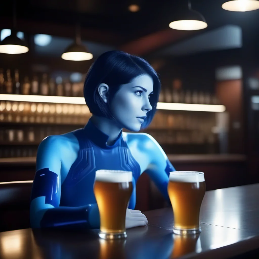 cinematic photo 1girl, short hair, blue skin, science fiction, having a beer in a pub <lora:Cortana1024:0.8> . 35mm photograph, film, bokeh, professional, 4k, highly detailed