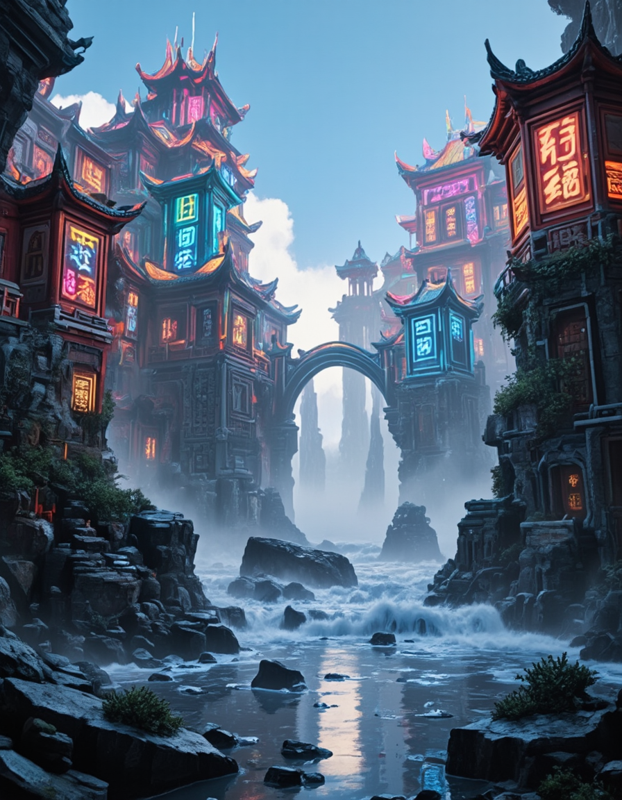 <lora:CWMinis01v2flux:1> cw01mini, colorful, chinese, chinese temples, glowing kanji, glow, illuminated, day, low angle shot, photo, mist, blue sky, sunny day, glowing runes, wet, reflections, rough sea, waves, rocks, waterfall