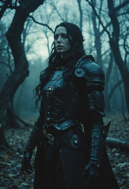 Valkyrie dressed in dark leather armor adorned with skull motifs, standing in a cursed forest where the trees are twisted and bleed black ichor, her eyes glow with an eerie blue light as she chants a spell, summoning spectral wolves from the shadows, a full moon casts long, ominous shadows on the forest floor, the scene reminiscent of the dark mysticism found in 'Legend'., 
in the style of live action dark fantasy, retro, 80s Panavision look and feel, high contrast, lens flares, film grain, retro aesthetic, soft focus, deep shadows, vibrant saturation, authentic 1980s vibe, nostalgic, dreamcore
, autumn dreamcore, samhain,