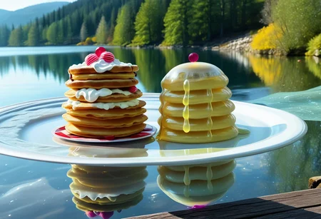 {foodphoto, a stack of pancakes made out of slime, (slime pancakes:1.5), slime syrup, pancakes covered in syrup, a swirl of whipped topping on top of a stack of pancakes, (slime whipped cream:1.5), (tan slime pancakes:1.5), (white slime topping:1.5)}, 
plate made of slime, table made of slime,
natural light, no bright spots, 
((translucent slime)), ((transparent slime)), made of water, (bioluminescent slime), sl1m3d, slime, slime-morph, ais-blmn, saturated colors, no creatures, no humans, no monsters, no pokemon, scenery only, scenery, no slime creatures,