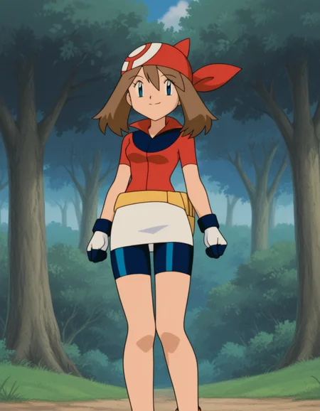 official style,may (pokemon), pokemon (anime), 2000s,brown hair, blue eyes, red bandana, red shirt, short sleeves, gloves, white pouch, white skirt, short skirt, pencil skirt, bike shorts,
explicit,(anime screencap), 2d cel anime,anime cap,anime,anime style,anime cel,cell shadedsoft brightness,perfect face,perfect nose, perfect hair, perfect eyes,perfect female body,perfect skin,a face of perfect proportion,perfect lighting,perfect anatomy,perfect proportion,perfect hands,perfect legs,perfect fingers,masterpiece,hair between eyes,
breasts,
perky breasts,best quality,very aesthetic,absurdres,16k,intricate detail,amazing quality,(bold:3.12),thick outline,black outline,harsh lines,soft lines,deluster,boldline,curvy,(anime coloring:1.2), smile,slim,forest,day,
looking at viewer,
super fine illustration,detailed linework,vibrant colors,kawaii,flat color,outdoors, <lora:ãã±ããã¢ã³ã¹ã¿ã¼ãã«ã«åå ´çã¢ãã¡ä½ç»é¢¨illustriousV1.1PokemonMayMOVIE_ANIME_StyleillustriousV.1.1:1:0.8>
