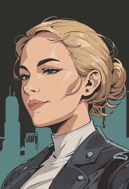 <lora:invincible_v2:1> invncbl, artbook illustration, score_9, score_8_up, score_7_up, score_6_up, score_5_up, score_4_up, 1girl, solo, perfect face, cute face, black eyeliner, long eyelashes, long blonde hair, wearing leather jacket, white shirt, slim waist, black pants, upper body, city black background