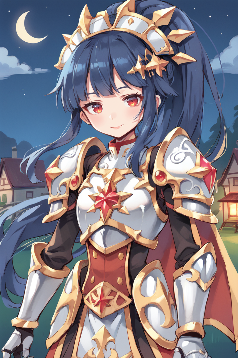 score_9, score_8_up, score_7_up, source anime, BREAK,  <lora:Claire__Colt:0.75>, Clabase, ClaDef, 1girl, red eyes, blue hair, long hair, very long hair, ponytail, high ponytail, sidelocks, ear ornament, hair ornament, headdress, armored headdress, armor, breastplate, cuirass, shoulder armor, gold trim, waist cape, red waist cape, gauntlets, (pelvic curtain), smile, looking at viewer, (upper body), (solo), outdoors, exterior, (night), cosmos, stars, town, scenery, <lora:backgroundsetXL:0.2> , background, <lora:KawaiiArtstylePonyXL:0.5>