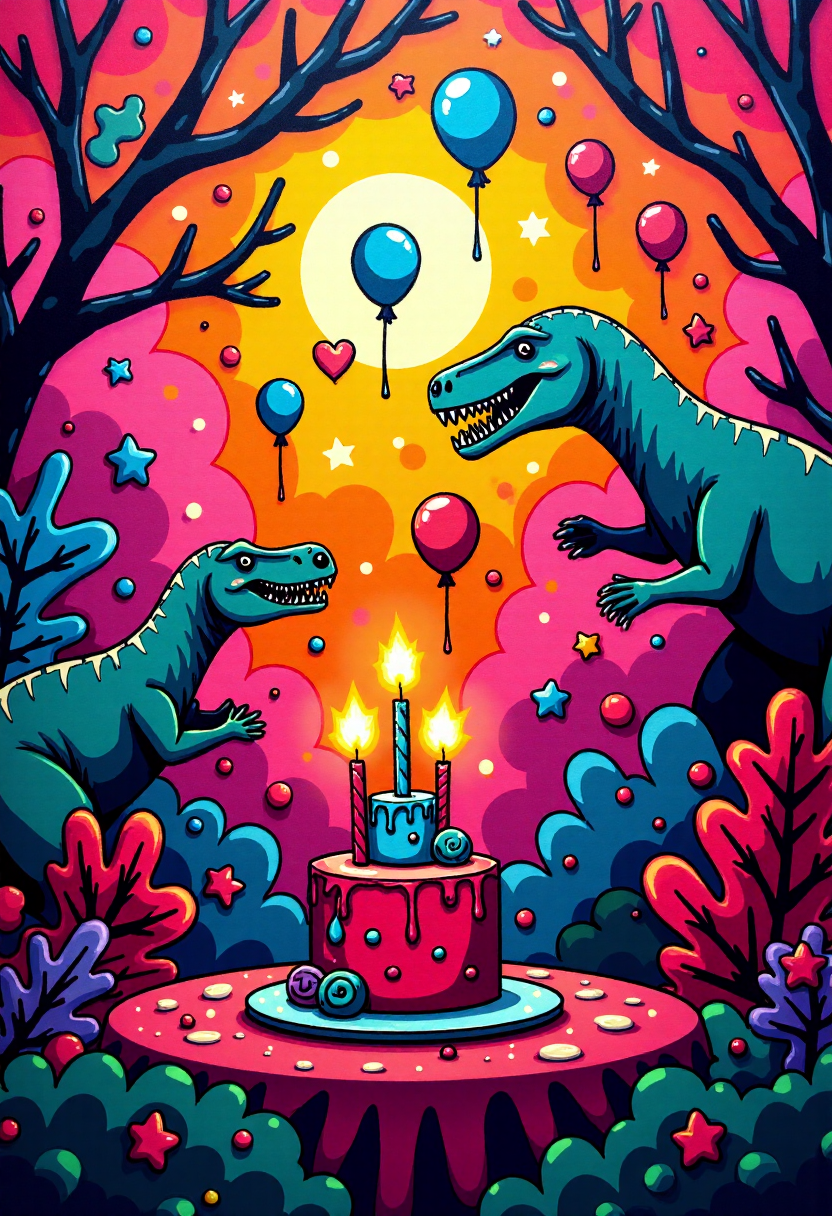 <lora:Graffiti_Characters2_FLUX-000011 (1):0.9>
This is a vibrant, stylized digital drawing set against a dramatic, abstract background, of a  dinosaur birthday party