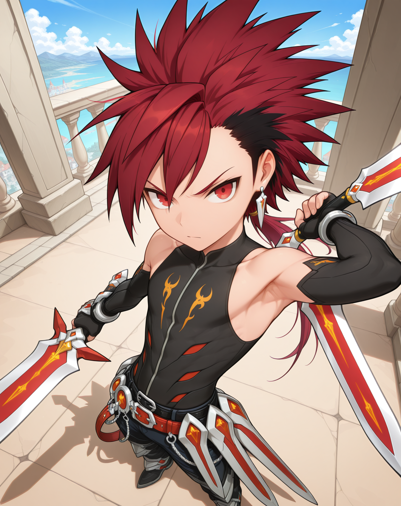 masterpiece, amazing quality, best quality, absurdres, very aesthetic,
1boy, solo, yaoi, male focus, full body, from above, standing, looking at viewer, face focus,
<lora:Elsword_Infinity_Sword_ilxl:1>  elswordis, red hair, red eyes, sword, spiked hair, two-tone hair, ponytail, long hair, black hair, multicolored hair,
fingerless gloves, armor, pants, belt, armpits, jewelry, earrings,
holding, weapon, dual wielding, reverse grip,
outdoors, day, blue sky,