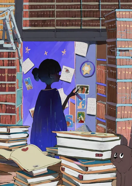 by demizu posuka  by yogisya
1girl explores a dimly lit attic filled with old books, casting eerie shadows on the walls. close up qurare magic library, 
 masterpiece, best quality, high quality, highres, absurdres, very detailed, high resolution, sharp, sharp image, 8k, vivid, colorful, stunning, anime