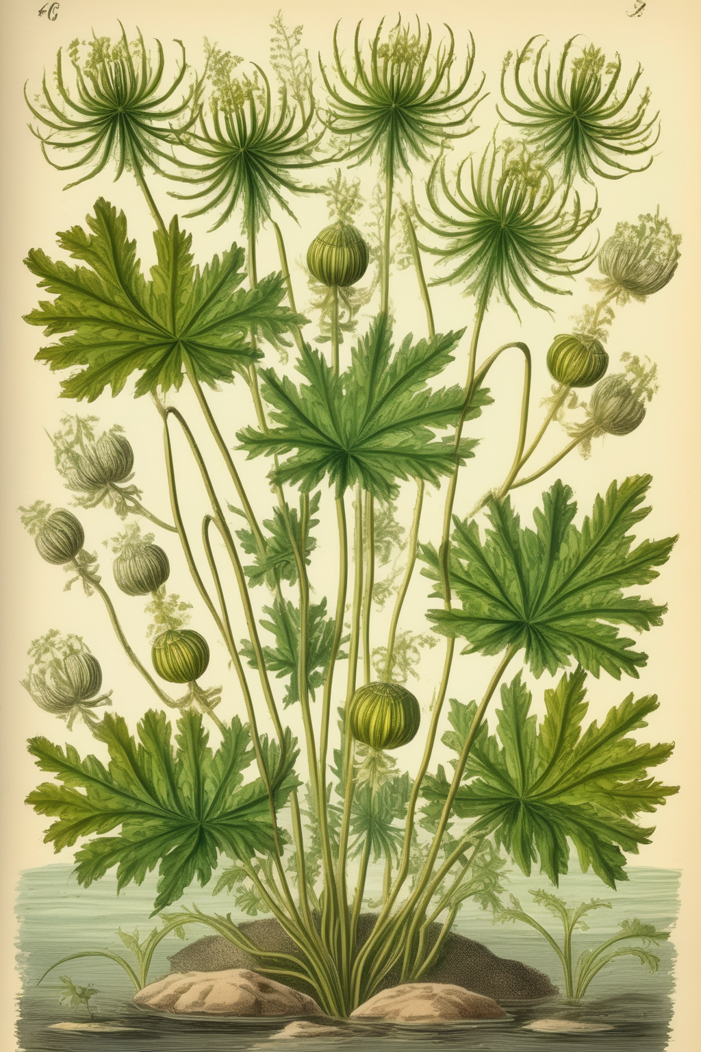 <lora:Mark Catesby Style:1>Mark Catesby Style - Embark on a captivating artistic expedition as you venture to depict the mystical Gillyweed in the style of an antique scientific botanical print. Immerse yourself in the enchanting world of aquatic flora as you meticulously craft this illustration. Begin by portraying the distinct features of Gillyweed, focusing on its aquatic adaptation. Illustrate its slender, elongated stems adorned with delicate leaves that showcase a vibrant shade of green. Each leaf should possess a serrated edge, mimicking the appearance of underwater foliage. Pay attention to the intricate veins that traverse the leaves, capturing their intricate network. The Gillyweed's stems should be supple and flexible, suggesting its adaptability to underwater environments. Depict the plant's distinct water-dwelling nature by adding subtle translucency to the leaves, as if they are gently swaying in the currents. Employ soft, cool tones of green to evoke a sense of tranquility and harmony with the aquatic realm. To infuse a touch of antiquity, incorporate fine detailing, such as the delicate texture of the leaves or the subtle patterns adorning the stems. Let your imagination dive into the depths as you bring the essence of Gillyweed to life, evoking the captivating allure of this magical plant.