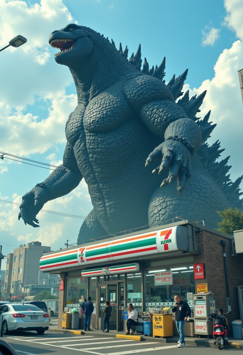 seveneleven convenience store in tokio, godzilla in background