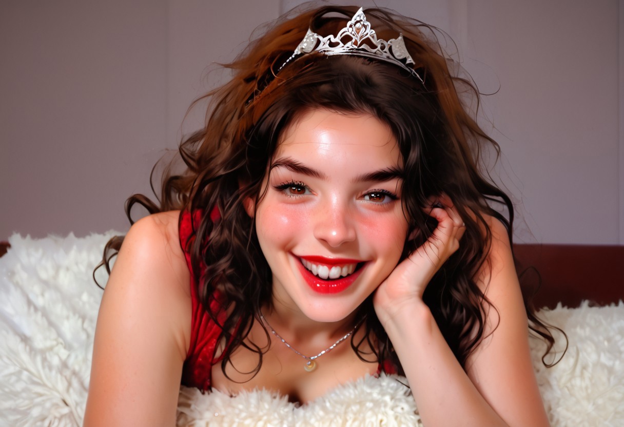 score_9, score_8_up, score_7_up,score_6_up, rating_safe, 1girl, ((solo)), ((focus on face)), lying on stomach, ((laugh)),
BREAK
flirty, horny, mischief, naughty, inviting,  blushing, 
GeGe, 1girl, brown hair, (((wavy hair))), makeup, lipstick, eyeliner.
petite girl, large breasts, flat tummy, thin hips, curvy legs, heart-shaped ass, eyeshadow, eyeliner, (red lipstick), jewelry, very long hair, transparent arabian clothes, pants, tiara, brunette, brown eyes,
cleavage, perky nipples,
sexy pose, cute pose, indoors, night time, arabian bedroom, harem,
