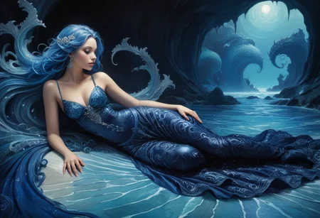 Tranquil Relaxing Atmosphere, in crystal shores, crystalline sands, shimmering waves, merfolk's domain, telephoto shot, black and blue Drew is charming, enigmatic bioluminescence on the background . Textured fabric, intricate patterns, resist-dyeing technique, indigo or vibrant colors, organic and flowing designs, Atlantic textile art, cultural tradition, tactile and visual interest. (embedding:bentemplesmithstyle:0.8)