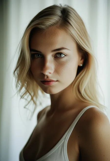 Masterpiece photography, high detailed photography, realistic portrait, film still, emotional, professional lighting, relaxed , sensual , irresistible beauty, cleavage, sheer short white tanktop, fine details, fine art photography style, analog film grain, art nouveau , 
BREAK
22yo young woman , (cute beautiful face), ( small breasts, withe-blonde hair, bright eyes, piercing gaze), detailed skin, light freckles on nose, extended eyeshadow makeup , long eyebrows , white curtain minimalist background,  bokeh, detailed catchlights, rimlighting, close-up,  8k,