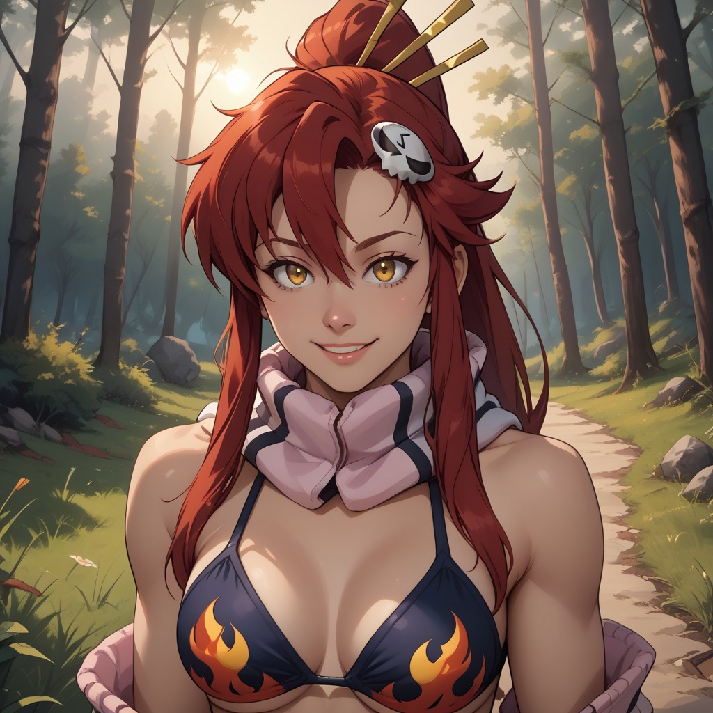 score_9, score_8, BREAK, solo, 1girl, Yoko Littner, red hair, long hair, ponytail, skull hair ornament, yellow eyes, bikini top only, flame print, black short shorts, stripped scarf, belt, asymmetrical gloves, fingerless gloves, pink thighhighs, white footwear, sidelocks, studded bra, sexy pose, self portrait, smile, outdoors, sunlight, shadows, evening lighting, natural lighting, forest, trees, grass, orange sky, sunset