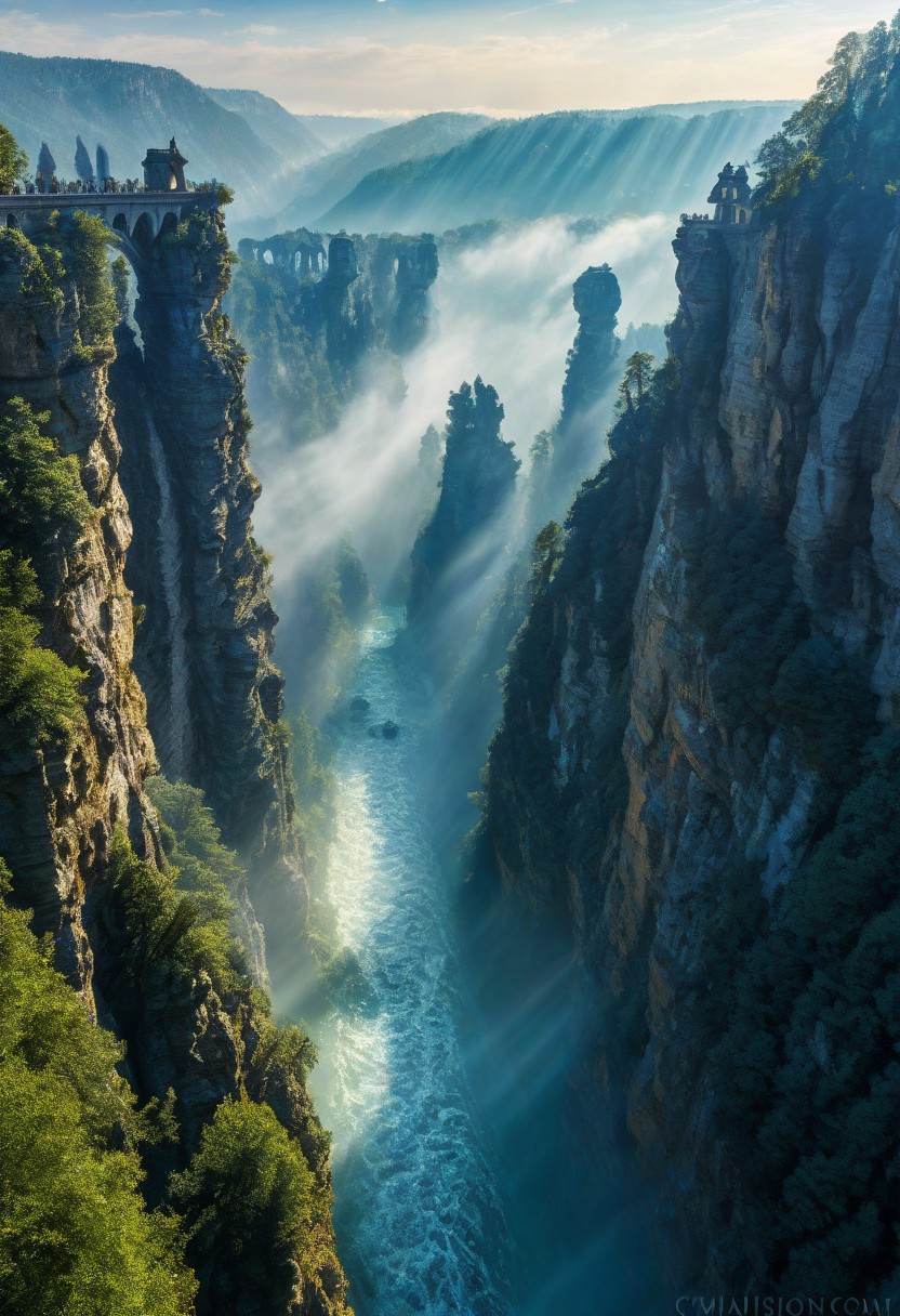 towers ringed in mist, sunrays, mixed media, surrealism, fantasy, great lighting, A surreal landscape highly detailed, extremely high-resolution details, appears trapped in an optical illusion of reflections and refractions colorful, Zhangjiajie mountains,  Vienna in contemporary Austria, stone bridges, winding rivers extending to the horizon, professional photography, natural lighting, volumetric lighting maximalist. vivid, vibrant colors, intricately detailed, complex, elegant, expansive, fantastical, film photography style, medium grain, cmnt
 (8k uhd:1,4)