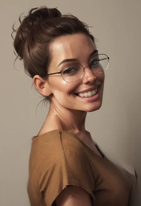 score_9, score_8_up, score_7_up, score_6_up, 5u54n, aojaguarstyle, source_cartoon, raw, realistic,1girl, brown hair, glasses, smiling, <lora:Susan Dupree _ Coxville Stories_epoch_10:1>