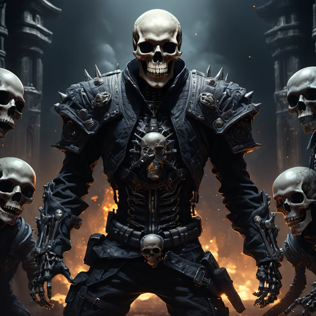 ((best quality)), ((masterpiece)), ((realistic,digital art)), (hyper detailed),DonMH311XL, monster,skull, upper body clothing, Mock Neck, Electromagnetic Alloy, , Plasma-Generated Force Fields, Cuffed Sleeves, Mini Length, Natural Waist, Cargo Pockets,,Light Wash,,Beads,,Tie-Dye , dark, darkness, stygical, eerie, gloomy, octane rendering, raytracing, volumetric lighting, Backlit,Rim Lighting, 8K, HDR, <lora:HellAI_XL-000011:0.8>