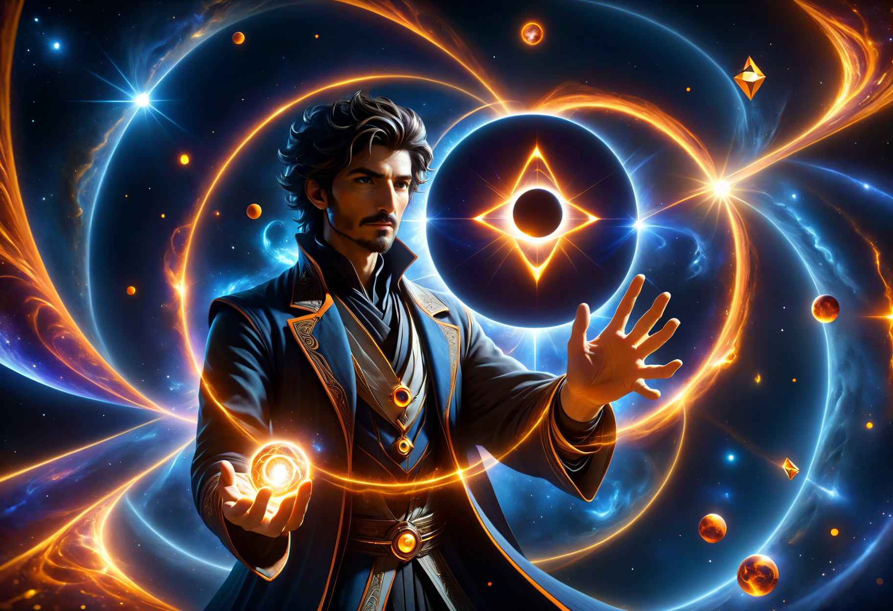 hyper detailed masterpiece, dynamic, awesome quality, male summoner  (space-time continuum,solid,solar eclipse,linen,dark matter rotation,tetrahedron,rectangle,curved lines,bluish-orange illusion ,pulsating,convection magic:1.0) DonMM4g1cXL <lora:DonMM4g1cXL_v1.2:0.7> <lora:Perfect Hands v2:1.0> Perfect Hands