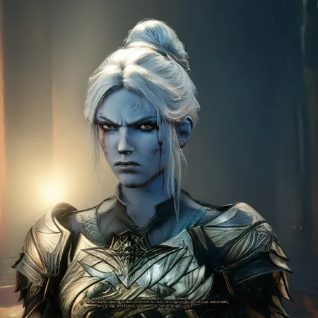 VG_SS, fake screenshot, english text,
(High Resolution), (More Details), (8K), (High Resolution)
Fake video game interface.
Scrolled beat'em up.
1 girl,
mintharalora, blue skin, white hair with bun, body armor, leg armor,
perfection style,
(Faceshot_By_stable_yogi-v2)
full body, zoomed out,exactly facing right clenched fists, ready for fist-fight.
BREAK
and 2+ boys, bandit, cloak, leather armor, hulking body, horns, facing left , ready for fist-fight.
backdrop is a bloody arena, strong artificial lighting