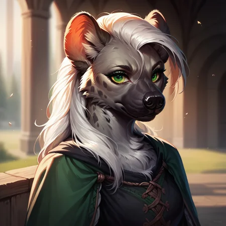 (((detailed, beautiful, high quality))), score_9, score_8_up, score_7_up,
(depth of field, dynamic lighting),
gnoll, furry hyena,
1 girl, grey fur, green eyes, black top, medieval top, long white hair,
looking at the viewer, posing,
blurred background, fantasy background, shroud background,