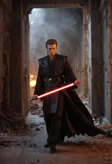 shot of <lora:Anakin_Padawan_Jedi:0.8> A full-body shot of a Sith warrior walking with a cocky attitude through a dark, ruined corridor inside a destroyed Imperial Star Destroyer. He wears all-black clothing and has long black hair flowing behind him. A deep scar runs across his entire face, and his glowing orange eyes burn with intensity. A red lightsaber illuminates the corridor, casting dramatic shadows as he walks. An electric guitar hangs on his back, contrasting with the ancient weapon he wields. The air is filled with smoke, floating ash, and small flames flickering along the walls. The only light source is the red glow from his lightsaber, creating a moody, cinematic atmosphere.