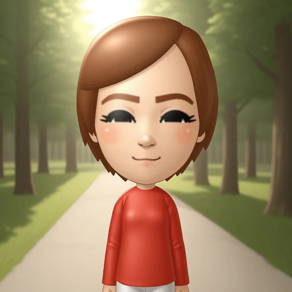 score_9, score_8, BREAK, solo, mii, wii, wii sports, 1girl, female mii, cute, auburn hair, auburn eyebrows, black eyes, blush, red clothing, white pants, shoes, small breasts, Susie_(Wii_Sports), Nintendo Mii, modern_mii, classic_mii, sexy pose, smile, outdoors, sunlight, shadows, evening lighting, natural lighting, forest, trees, grass, orange sky, sunset
