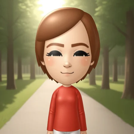 score_9, score_8, BREAK, solo, mii, wii, wii sports, 1girl, female mii, cute, auburn hair, auburn eyebrows, black eyes, blush, red clothing, white pants, shoes, small breasts, Susie_(Wii_Sports), Nintendo Mii, modern_mii, classic_mii, sexy pose, smile, outdoors, sunlight, shadows, evening lighting, natural lighting, forest, trees, grass, orange sky, sunset