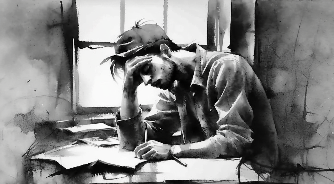 drawix22 man sitting at desk in dirty room, clautrophobic and dark, window,  black ink, very detailed <lora:drawix22:1>