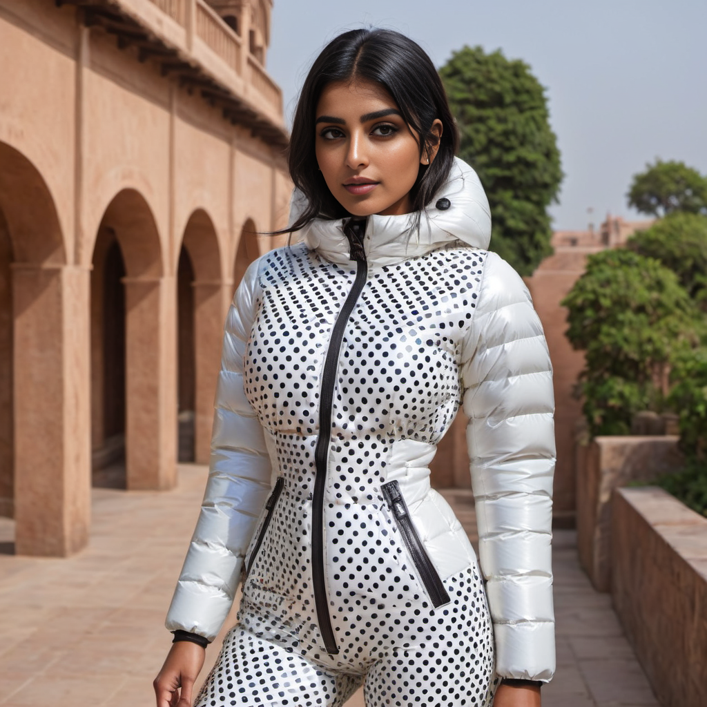 one indian short women wearing aPolka dots   latex downsuit puffer_downsuit , hyperdetailed photography,4k textures,intricate details,4k resolution,  <lora:puffer_downsuit_v1:0.5>