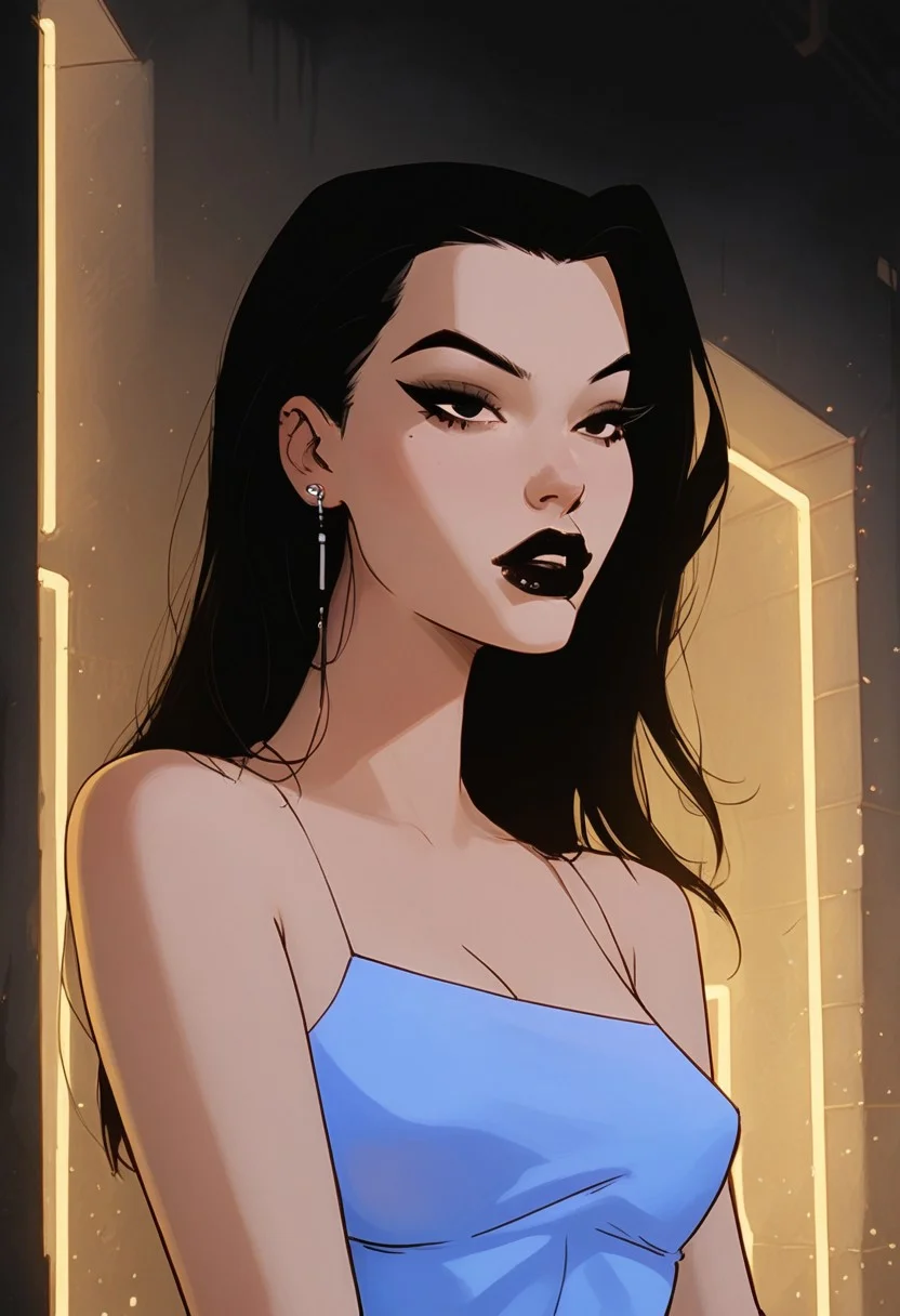, score_9, score_8_up, score_7_up, highly detailed ,
1girl, solo, female focus,
danatan, 1girl, black hair, solo, long hair, black eyes, black lipstick, blue dress, bare shoulders, makeup,
sexy pose , showing off body , seductive expression , horny girl ,
volumetric lighting, ray tracing, cinematic shadows, backlighting, cinematic lighting ,
Outside, night, dark alley, futuristic city, dark theme, low light
close-up, closeup,
Expressiveh , g0thicPXL, glowing, neon, neon lights, ganassa