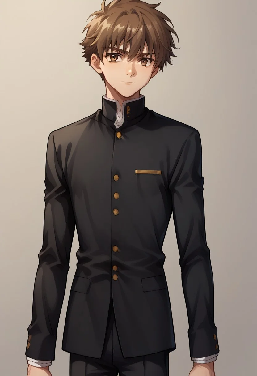 score_9, score_8_up, score_7_up, source_anime, highly detailed,
shaoran, 1boy, male focus, slender, skinny, brown hair, brown eyes, solo, male focus, gakuran, school uniform, black uniform, black pants, long sleeves, pants,