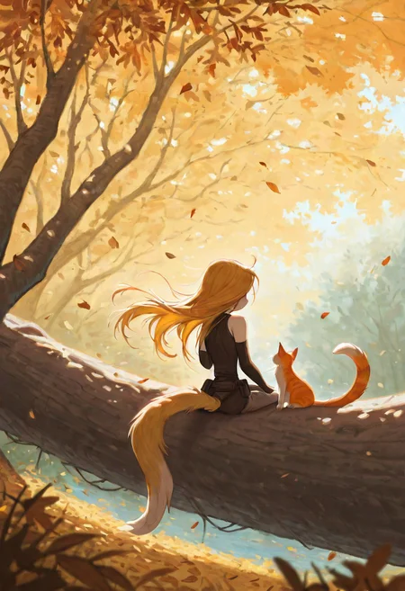 masterpiece, best quality, amazing quality, 
kalei ,white skin,
1girl, solo, anthro, long yellow hair, large bushy yellow tail, white fur, white limbs, digitigrade legs, , blue eyes, (child, kid),
realistic, , sitting, from behind, petting a cat, orange cat, cute, long_hair, detached sleeves, ,floating hair, falling leaves, silver, autumn_theme, outdoors, nature, depth of field, masterpiece,best quality,amazing quality,
, <lora:dreamkeepers_kalei_illus:1>,