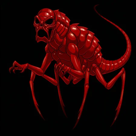 masterpiece, high quality, absurdres, 
CreepyRed, claws, tail, creepyred1, alien, carapace, full body, 3-clawed hands, red skin, solo, hollow eyes, monster, no humans, solo, 
2 arms, two arms, 
4 bug legs, four bug legs,